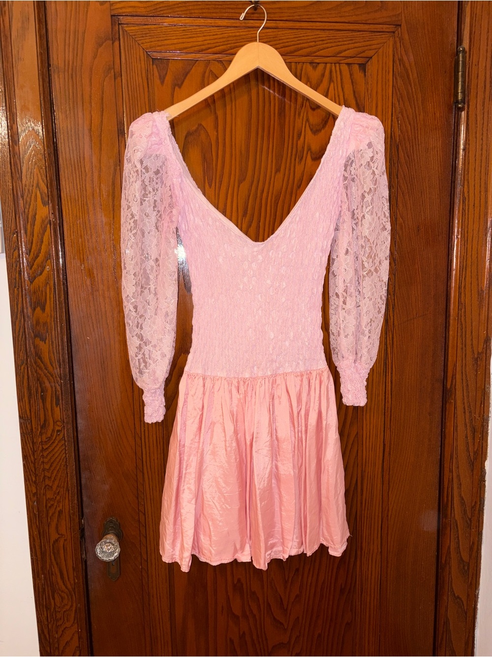 Vintage Pink Lace Puff Sleeve Mini Dress ballet core